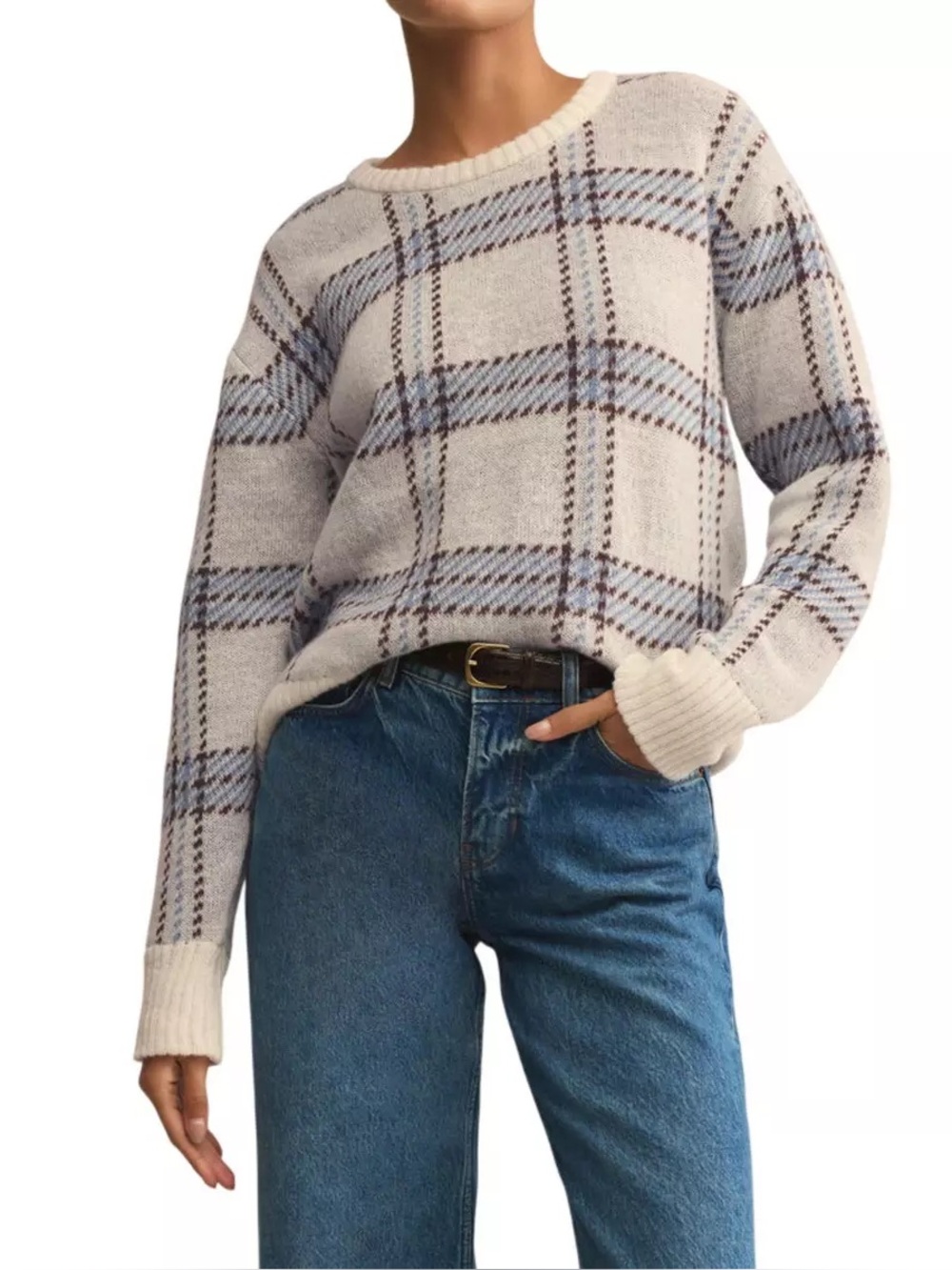 EUC Women’s ZSupply Crewneck Sweater in Light Blue and Brown
